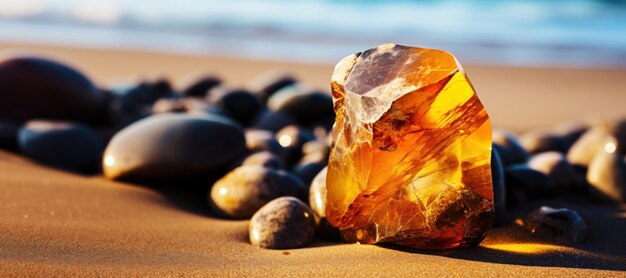 Amber on sand on the beach in sunshine