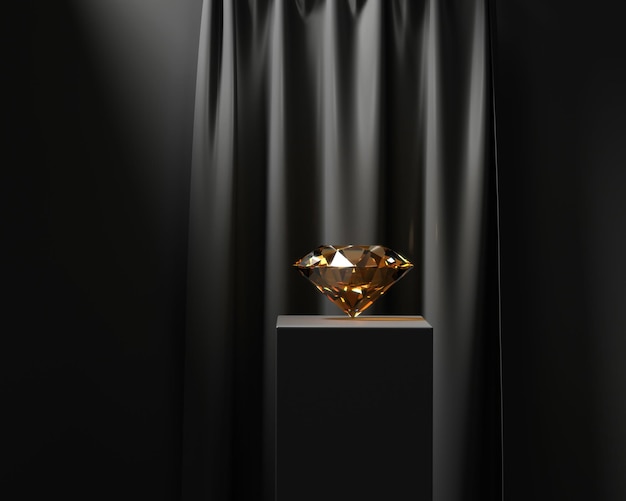 Amber Sapphire Diamond placed on black podium with curtain background 3d rendering