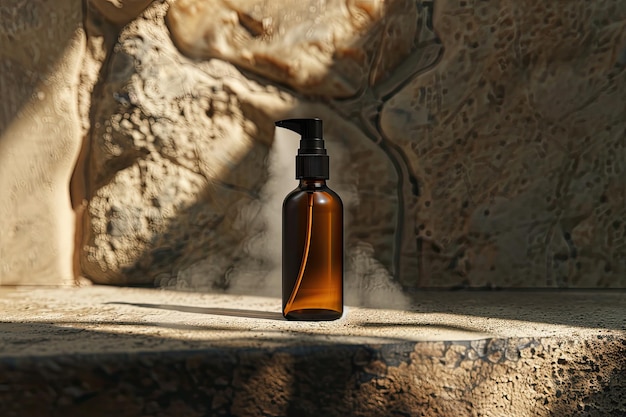 amber spray bottle in an abstract stone benchtop scene