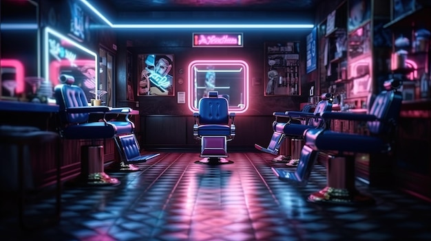 The ambiance is enhanced with neon lights in the male barber shop