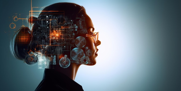 Ambient portrait of cyborg female head wearing glasses a woman looking at digital symbols in techno