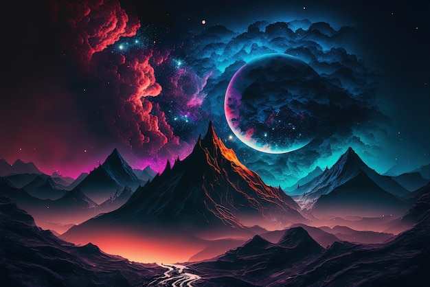 Ambient space abstract with neon imagination the moon and the month the mountains