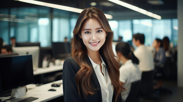 Амбициозная азиатская женщина-профессионал за работой в современном офисе
