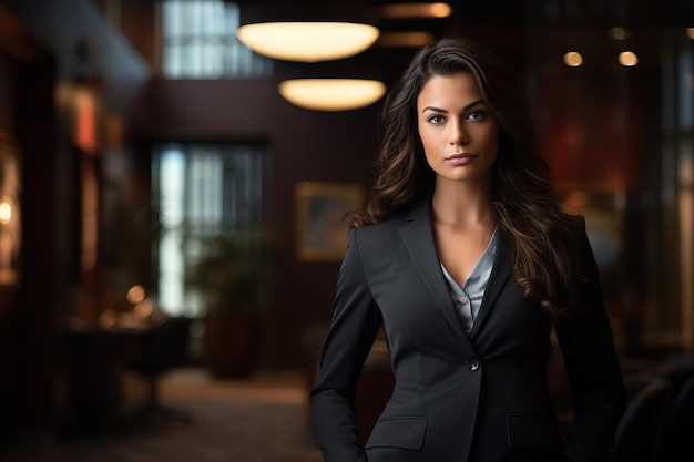 An ambitious brunette businesswoman in an elegant suit exuding confidence