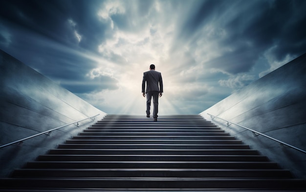 Ambitious business man climbing stairs to success