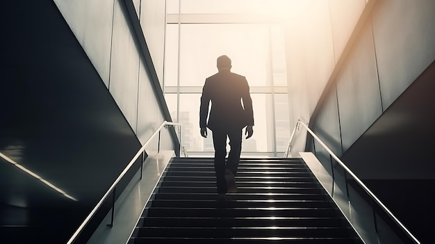 Ambitious Businessman Climbing Stairs to Success Career Path and Future Planning Concept