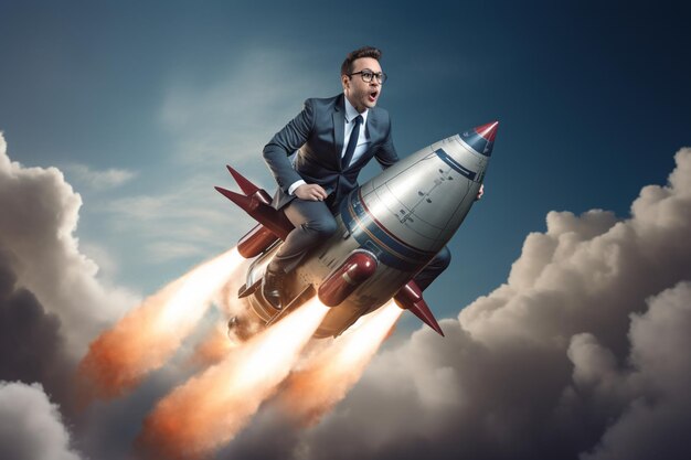 Photo ambitious businessman riding a rocket in a conceptual image