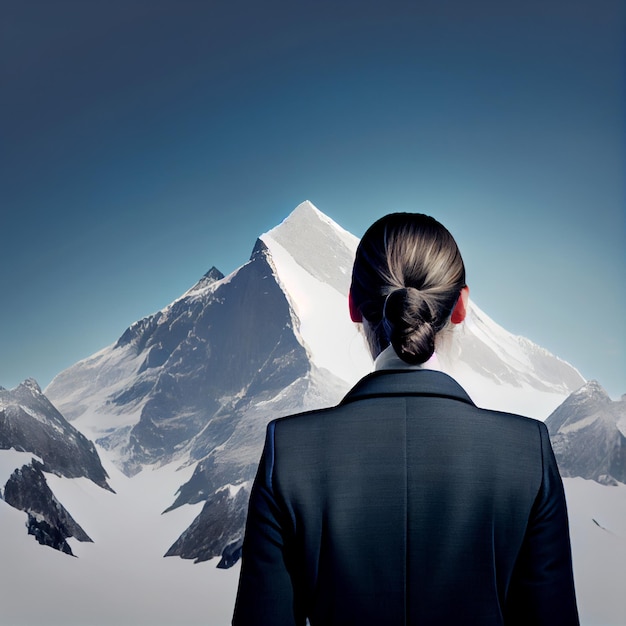 Ambitious businesswoman or entrepreneur in mountain peak Business goals illustration