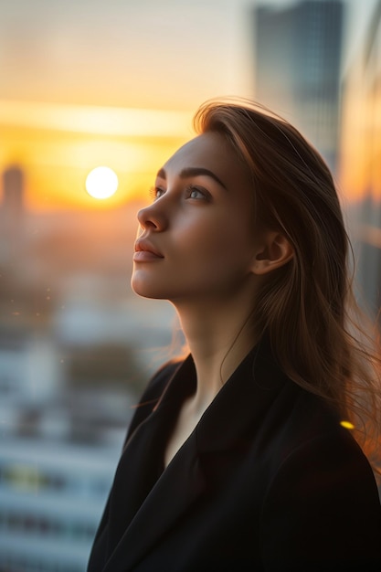 Ambitious businesswoman picturing investment opportunities at sunset in urban cityscape