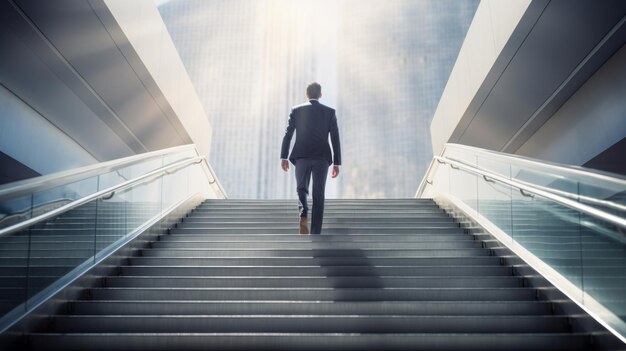 Ambitious and confident businessman in suit is on the stairs