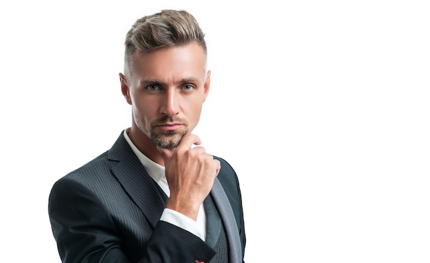 Ambitious formal man in tuxedo isolated on white background