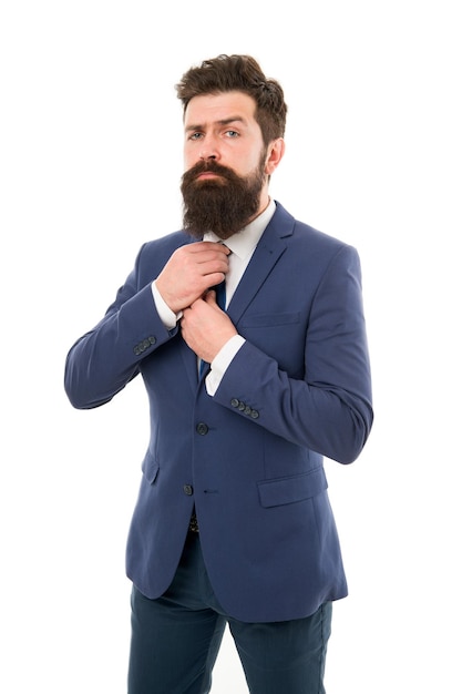 Ambitious and handsome. Ambitious brutal boss man isolated on white. office life. hipster with beard has own business. modern business success. bearded businessman in formal suit. feeling ambitious.