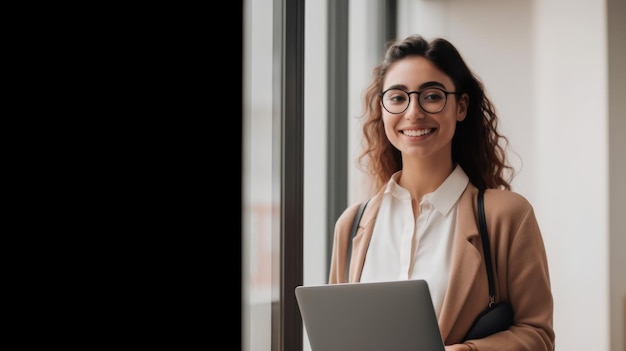 Ambitious and positive businesswoman smiling face holding laptop standing in office Generative AI AIG20