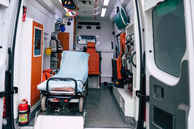 Ambulance car with a view the interior of the equipment