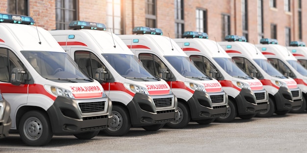 Ambulance cars in a row on a parking of hospital