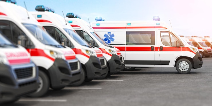 Photo ambulance cars in a row on a parking