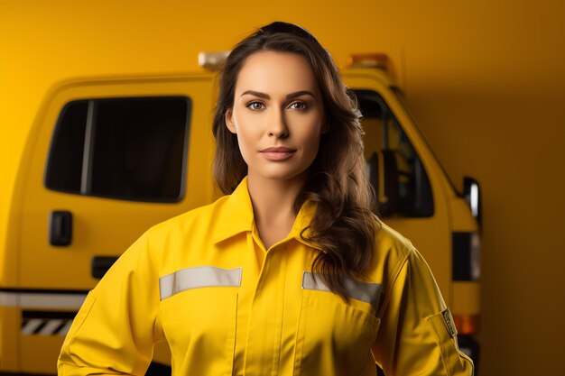 Ambulance driver with copy space on yellow background