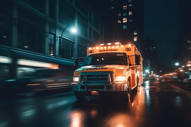 Ambulance gaat de nachtelijke regenachtige stad in Neuraal netwerk AI gegenereerd