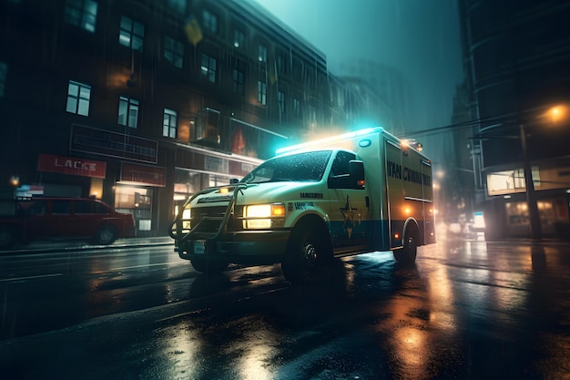 Ambulance goes on the night rainy city Neural network AI generated
