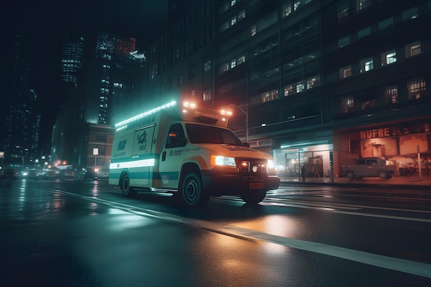 Ambulance goes on the night rainy city Neural network AI generated