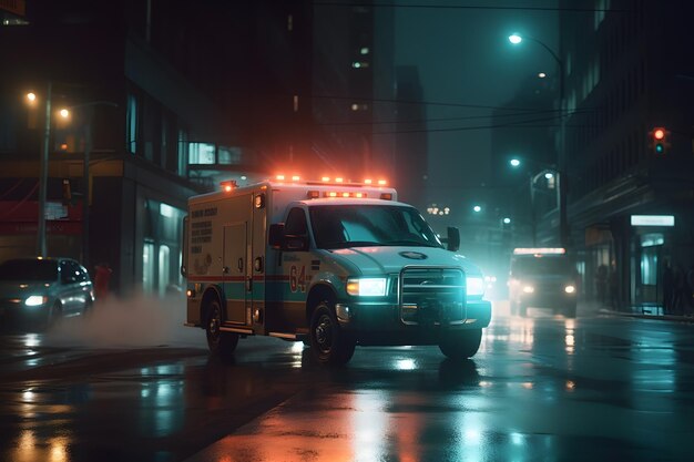 Photo ambulance goes on the night rainy city neural network ai generated