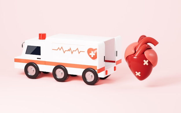 Ambulance and injured heart heart health heart treatment 3d rendering