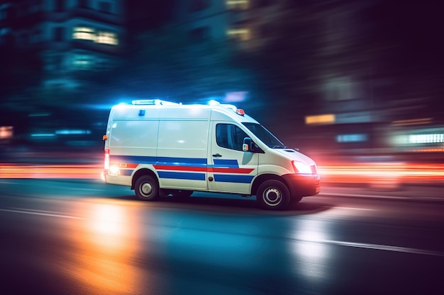 An ambulance quickly goes to the victims call blurred night street city in motion generative ai