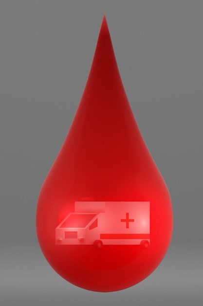 Un'ambulanza in un rendering 3d di gocce di sangue rosso trasparente