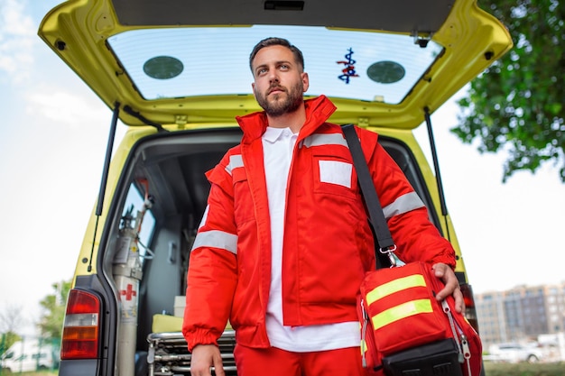 Ambulance staff member emerges from the back of an ambulance with his emergency backpack and vital signs monitor