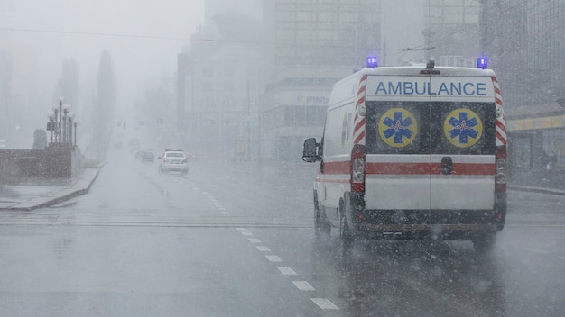 An ambulance took the patient to the clinic with the turn signals on