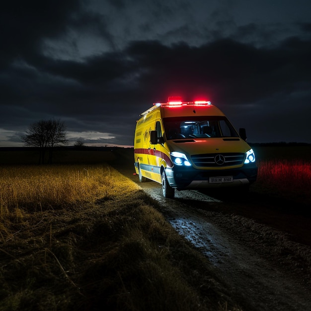 Photo ambulance with red and blue lighramp in the night on the lonely road in the fields