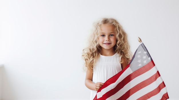 Foto america day, een klein meisje, een kind houdt de vlag van amerika in haar hand, generatieve ai