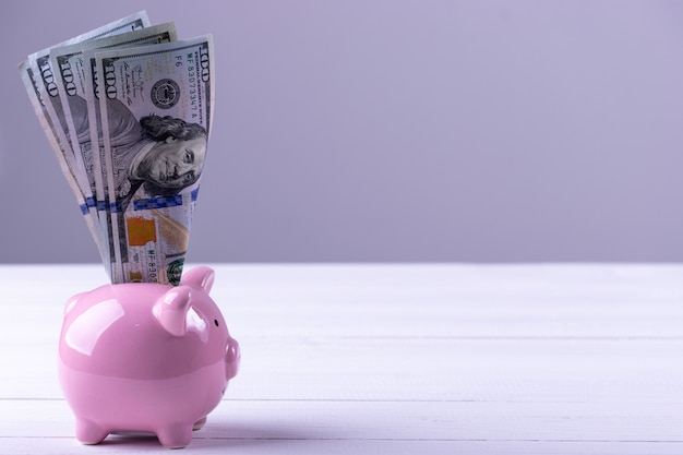 america dollars banknotes into piggy bank