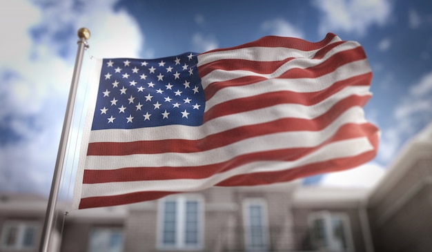 America USA Flag 3D Rendering on Blue Sky Building Background 