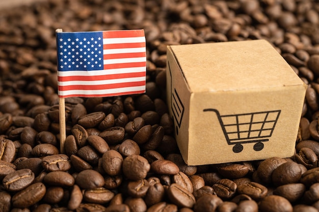 写真 コーヒー豆の輸出入貿易オンラインコマースの概念に関するアメリカの米国旗