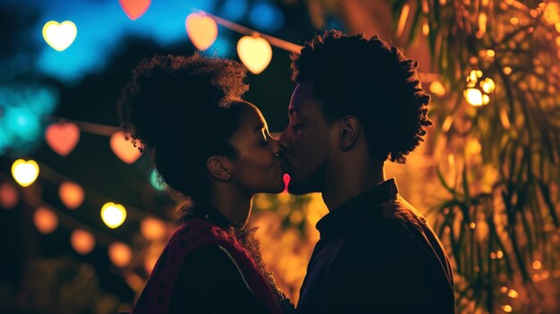 アフリカのカップルが心のボケの背景でキスをしている ロマンチックな夜 ジェネレーティブAI