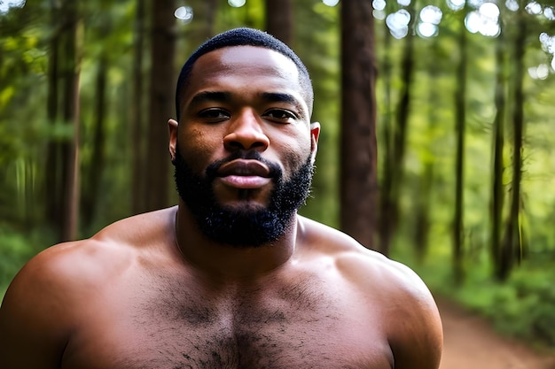 American African man in forest Shirtless Black man AI Generative