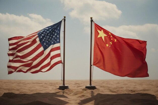 写真 アメリカと中国の旗が砂丘で風にらぎます