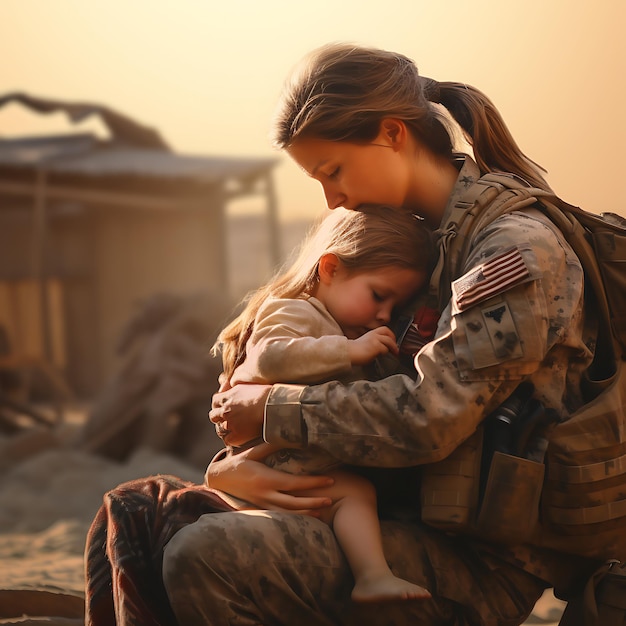 an American army mom kneeling in tears while hugging on her baby daughter after returning from war