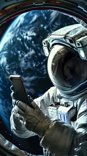 An American astronaut holding smartphone space compartment background