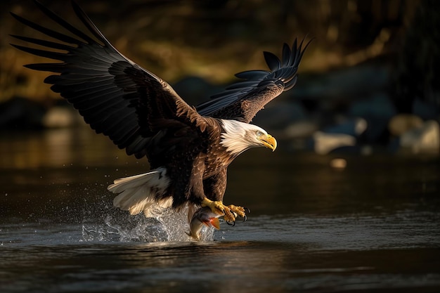 アメリカハクトウワシが生成した川でのサケ釣り