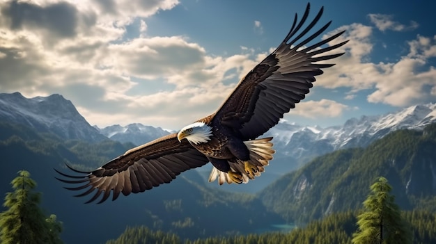 american bald eagle in flight against forested and snowy mountain background