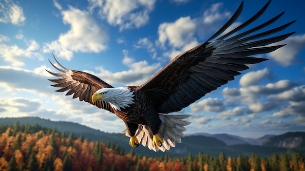american bald eagle in flight against forested and snowy mountain background
