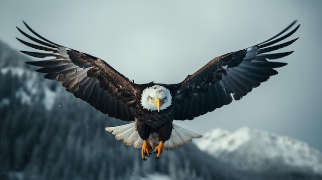 Photo american bald eagle in flight over cove in alaskan kenai region on snowy day