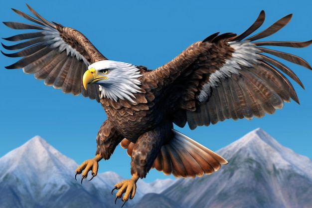 An american bald eagle flying in the blue sky