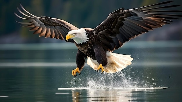 湖で狩りをするアメリカの白頭ワシ