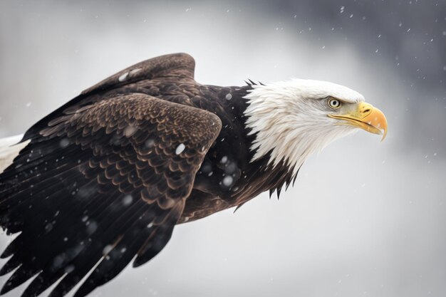 An American Bald Eagle is seen in profile against a background of snow in this scene