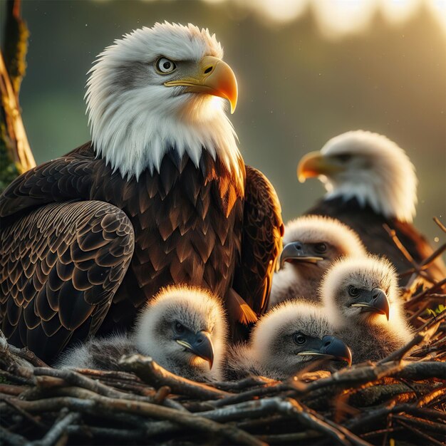 Photo american bald eagle in the nest with babies