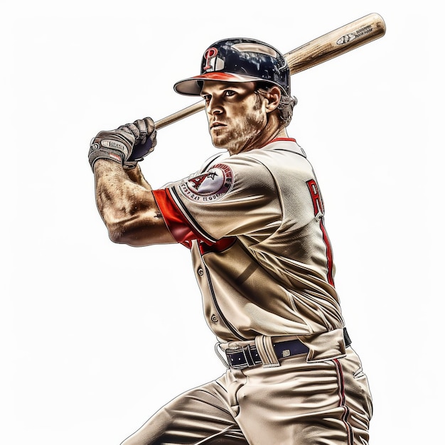 American baseball player with a bat on a white background