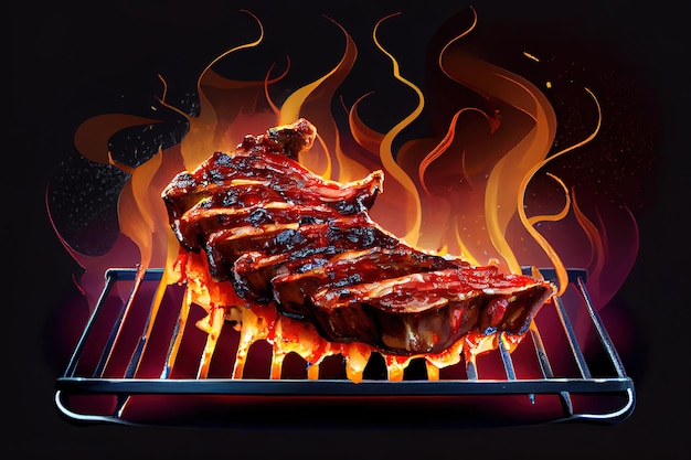 American bbq ribs cooking on grill Generative Ai